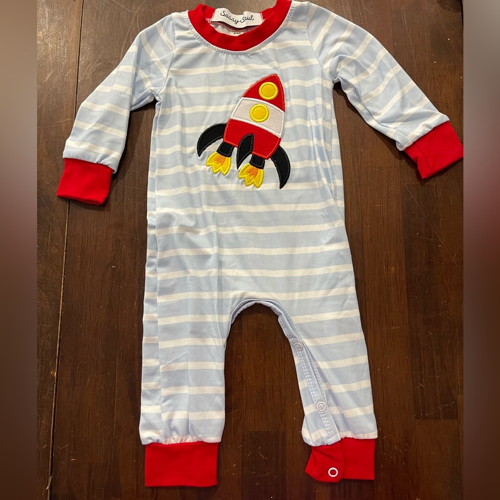 Light Blue Stripe Rocket Footie with Red Trim